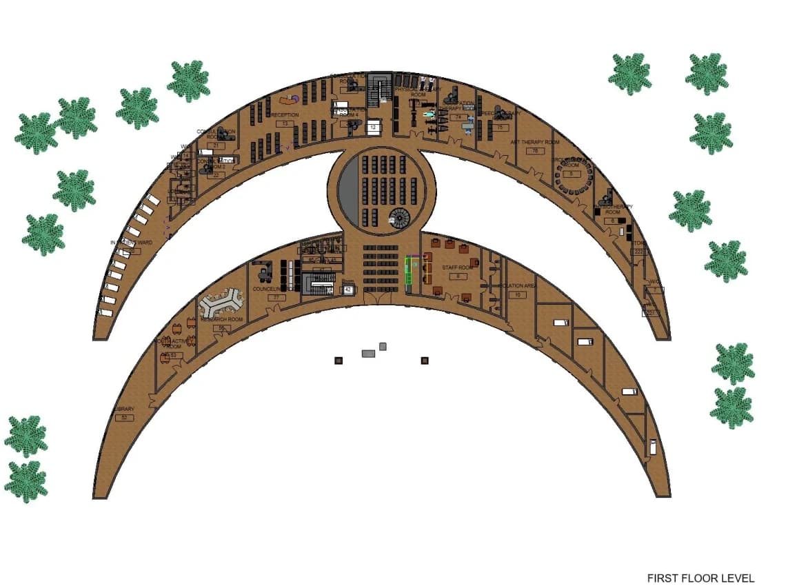 Rendered first floor plan of the two curved wings and central core