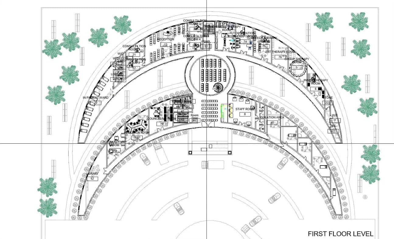 First floor plan line drawing with room labels