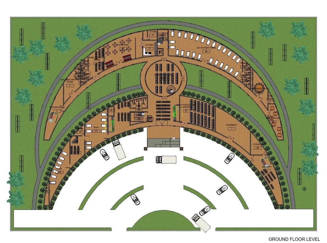 Rendered ground floor plan of the two curved wings and central core