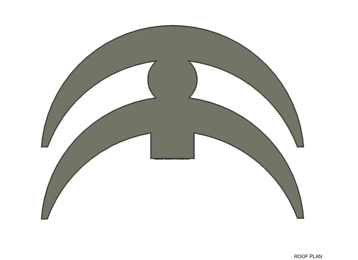 Roof plan showing the two crescent forms joined by a circular core