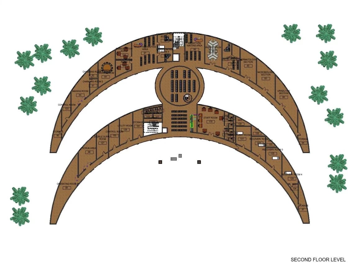 Rendered second floor plan of the two curved wings and central core