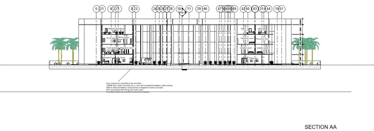 Rendered section A–A through the building