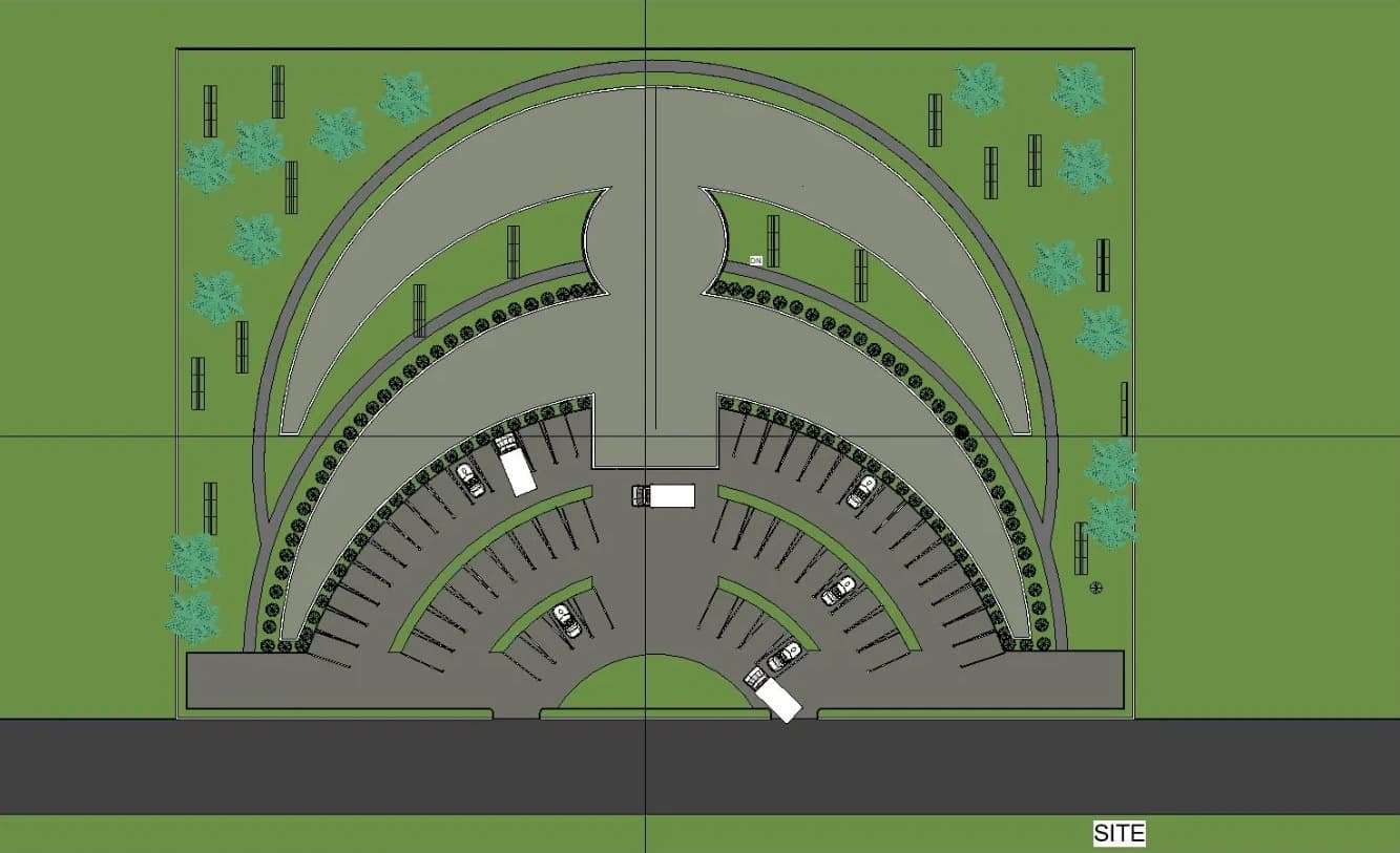 Site layout plan with the crescent-shaped building, landscaping, access road and parking