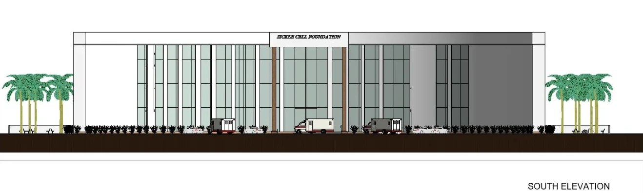 Rendered south elevation with glazed facade and landscaping
