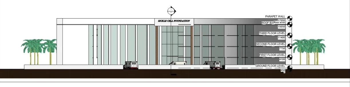 South elevation drawing with floor level markers