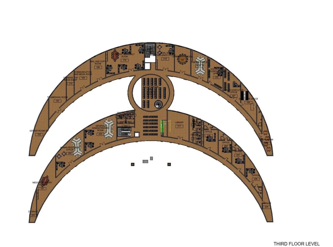 Rendered third floor plan of the two curved wings and central core